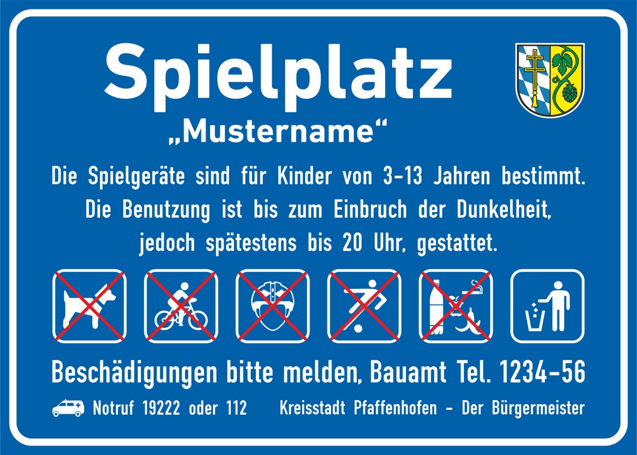 Hinweisschild Kinderspielplatz, 700x500mm Individualisierbar! Neue DIN EN 1176-7:20